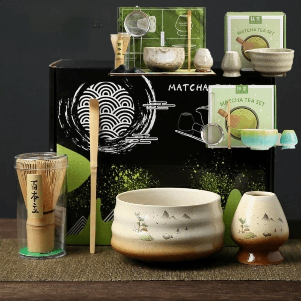 Matcha Bowl Chawan - ティースティック、日本の抹茶茶器セット、抹茶茶碗、抹茶スプーン、抹茶ブラシ、茶道具、竹製・陶器製の抹茶泡立て器セット