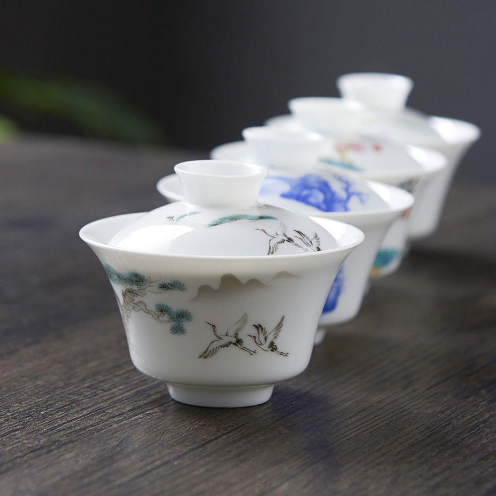 ふた付きの手描きの白い磁器ボウルセット,ジンデズエンゴイワン - Matcha Bowl Chawan のレビューと価格